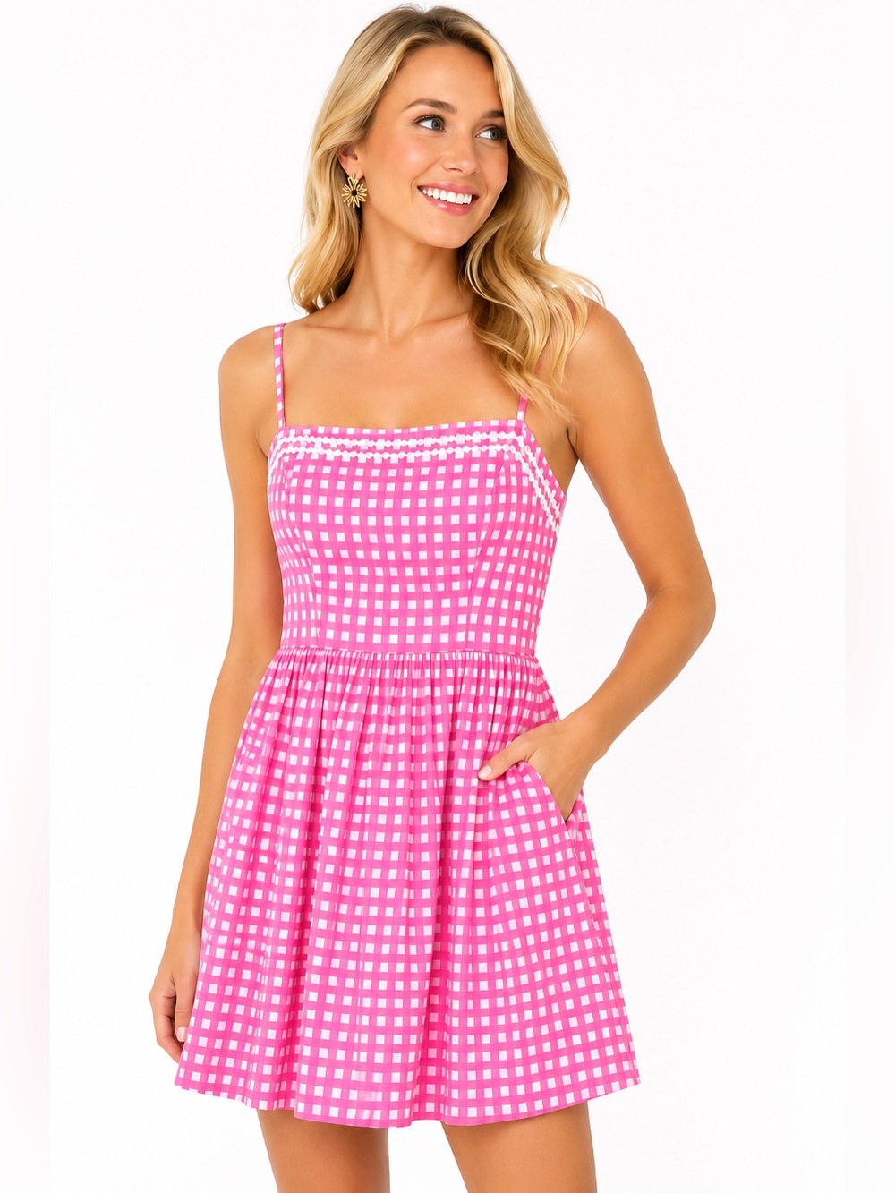 🌺 Lilly Pulitzer Franco Dress Pink White Gingham Open Back Dress